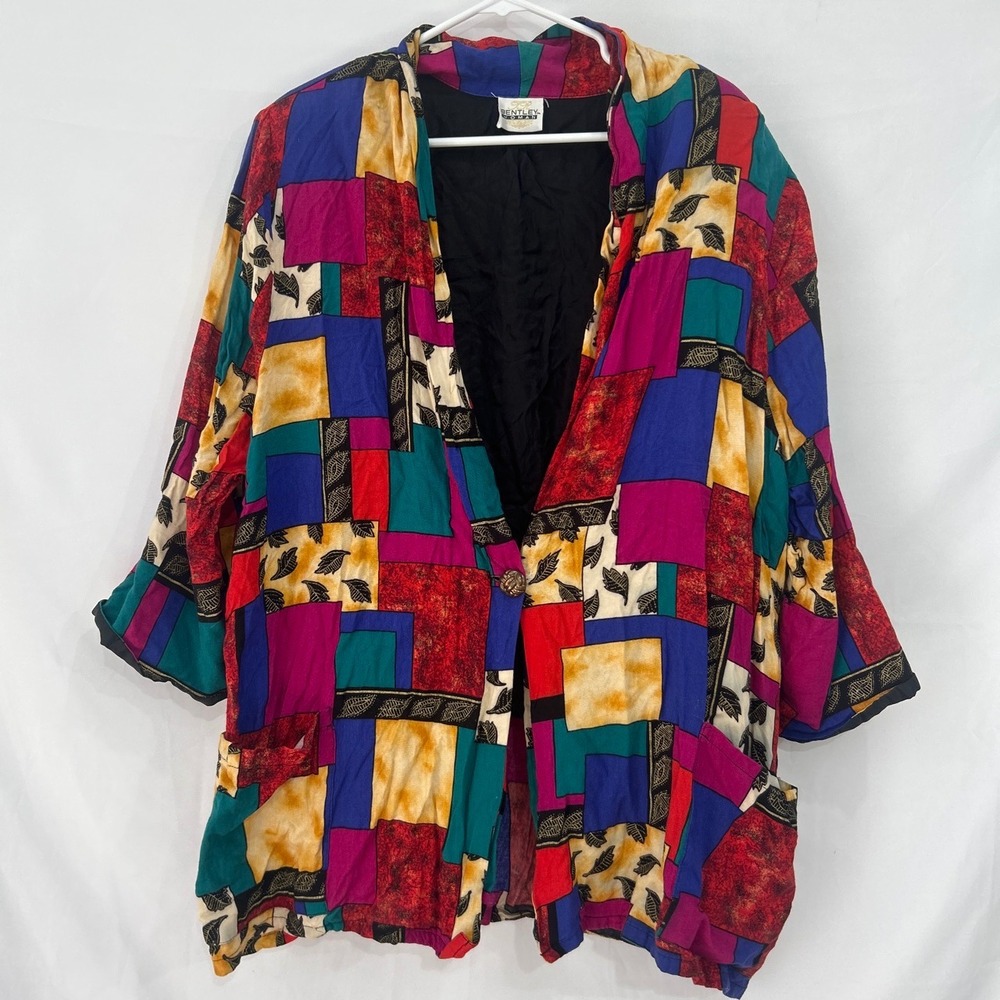 Bentley Woman Vintage Patchwork Print Blazer Jacket Multi-Color Rayon Size 24W